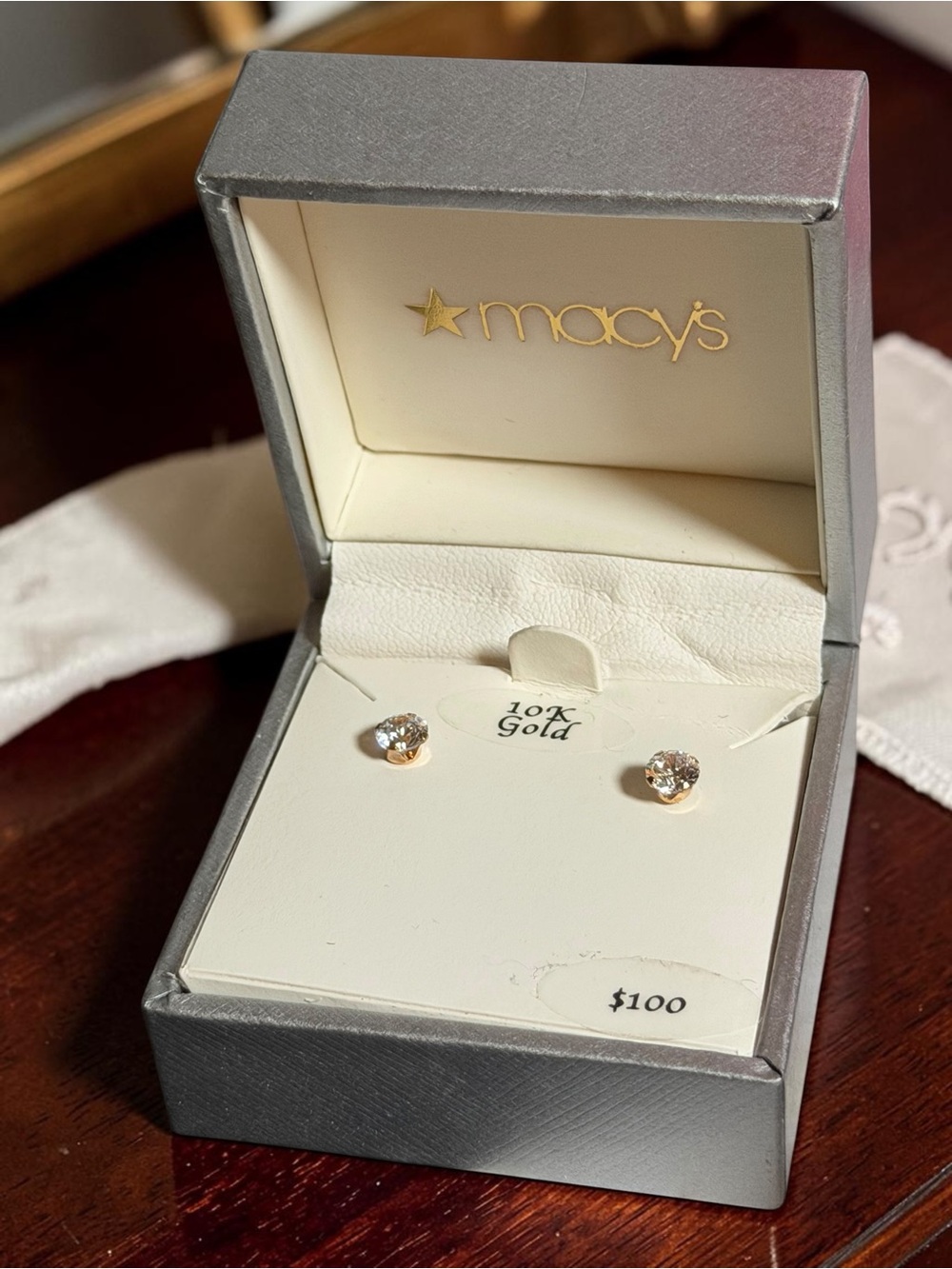 Macy's 10K Gold Solitaire Stud Earrings - Gold with Swarovski Zirconia